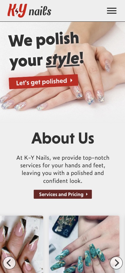 mobile view of the K-Y Nails website